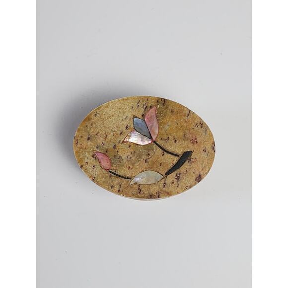 Vintage Carved Soapstone Trinket Jewelry Box Mother of Pearl Floral Inlay Decor - Picture 7 of 11